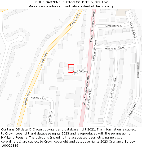 7, THE GARDENS, SUTTON COLDFIELD, B72 1DX: Location map and indicative extent of plot