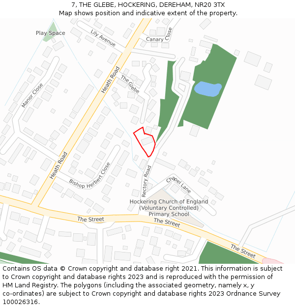 7, THE GLEBE, HOCKERING, DEREHAM, NR20 3TX: Location map and indicative extent of plot