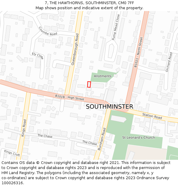 7, THE HAWTHORNS, SOUTHMINSTER, CM0 7FF: Location map and indicative extent of plot