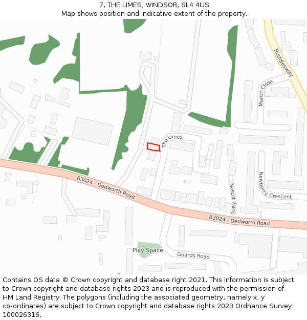 7, THE LIMES, WINDSOR, SL4 4US: Location map and indicative extent of plot