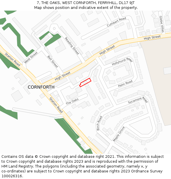 7, THE OAKS, WEST CORNFORTH, FERRYHILL, DL17 9JT: Location map and indicative extent of plot