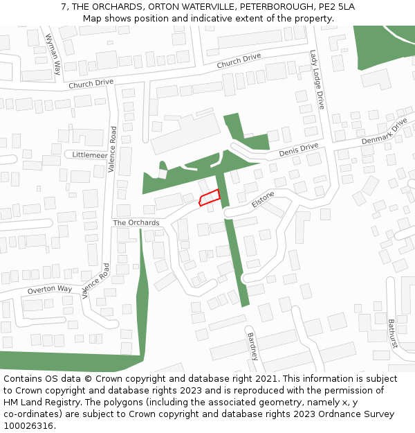 7, THE ORCHARDS, ORTON WATERVILLE, PETERBOROUGH, PE2 5LA: Location map and indicative extent of plot