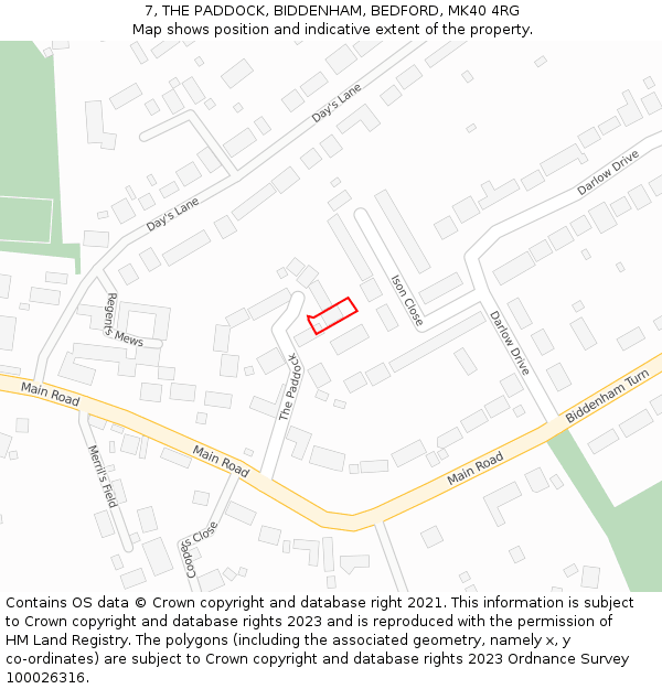 7, THE PADDOCK, BIDDENHAM, BEDFORD, MK40 4RG: Location map and indicative extent of plot