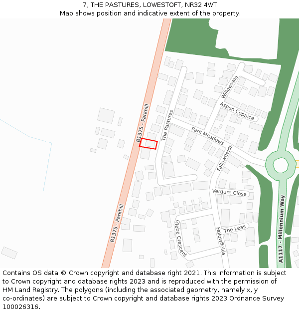 7, THE PASTURES, LOWESTOFT, NR32 4WT: Location map and indicative extent of plot