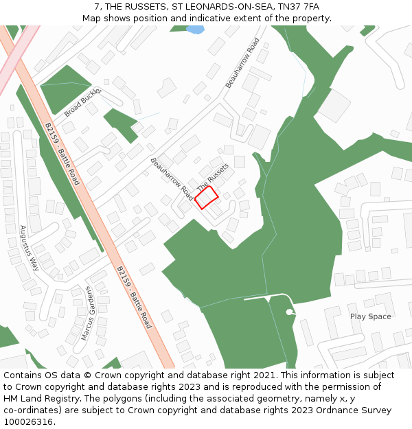 7, THE RUSSETS, ST LEONARDS-ON-SEA, TN37 7FA: Location map and indicative extent of plot