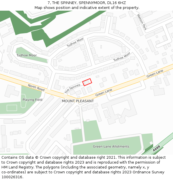 7, THE SPINNEY, SPENNYMOOR, DL16 6HZ: Location map and indicative extent of plot