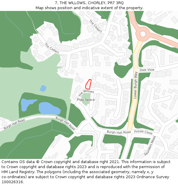 7, THE WILLOWS, CHORLEY, PR7 3RQ: Location map and indicative extent of plot