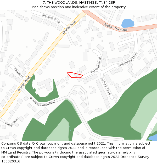 7, THE WOODLANDS, HASTINGS, TN34 2SF: Location map and indicative extent of plot