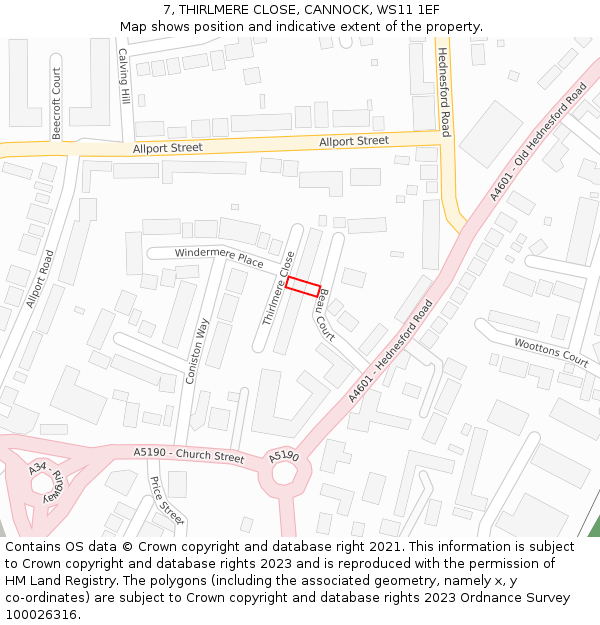 7, THIRLMERE CLOSE, CANNOCK, WS11 1EF: Location map and indicative extent of plot