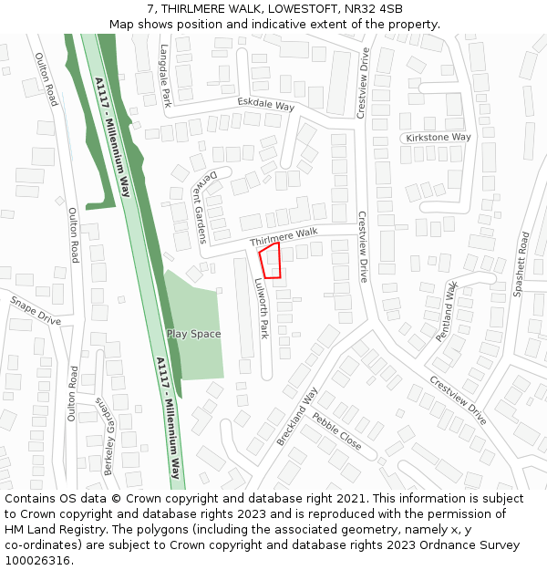 7, THIRLMERE WALK, LOWESTOFT, NR32 4SB: Location map and indicative extent of plot