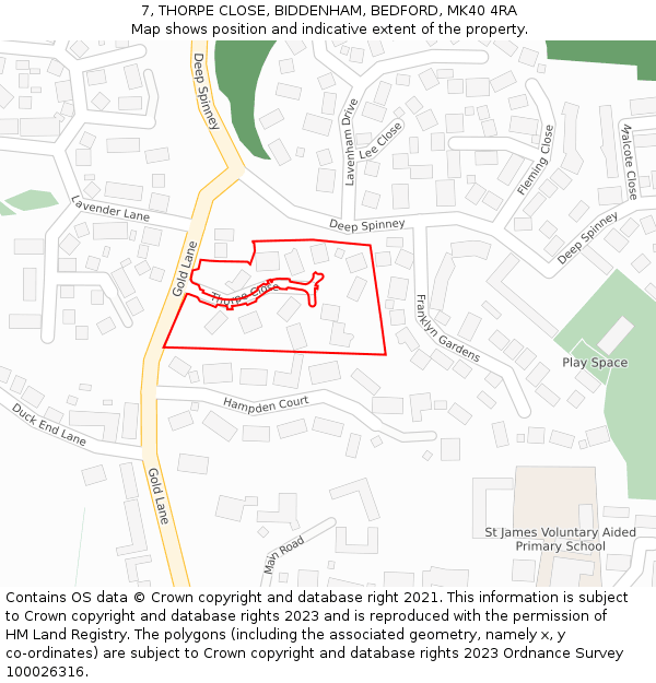 7, THORPE CLOSE, BIDDENHAM, BEDFORD, MK40 4RA: Location map and indicative extent of plot