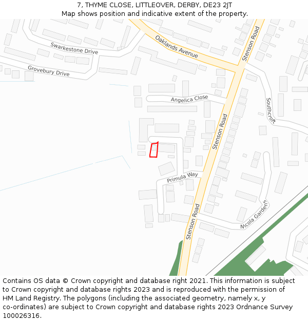7, THYME CLOSE, LITTLEOVER, DERBY, DE23 2JT: Location map and indicative extent of plot