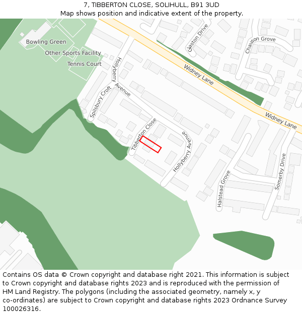 7, TIBBERTON CLOSE, SOLIHULL, B91 3UD: Location map and indicative extent of plot