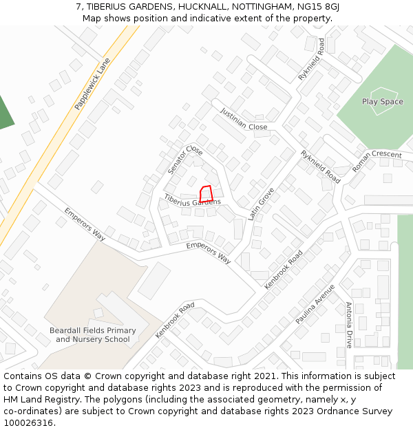 7, TIBERIUS GARDENS, HUCKNALL, NOTTINGHAM, NG15 8GJ: Location map and indicative extent of plot