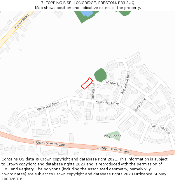 7, TOPPING RISE, LONGRIDGE, PRESTON, PR3 3UQ: Location map and indicative extent of plot