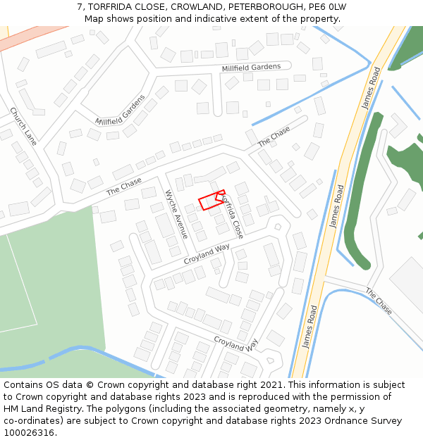7, TORFRIDA CLOSE, CROWLAND, PETERBOROUGH, PE6 0LW: Location map and indicative extent of plot