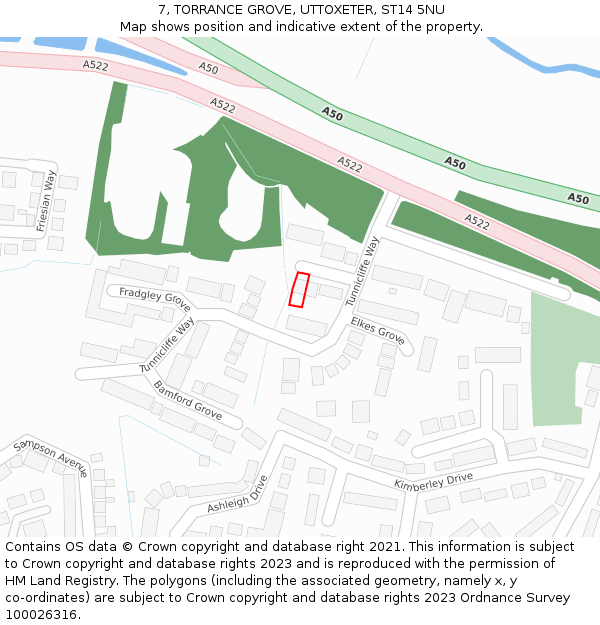 7, TORRANCE GROVE, UTTOXETER, ST14 5NU: Location map and indicative extent of plot