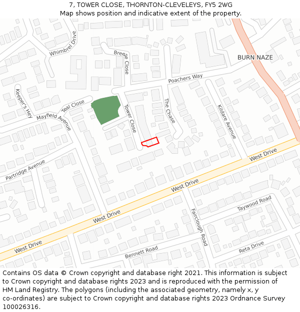 7, TOWER CLOSE, THORNTON-CLEVELEYS, FY5 2WG: Location map and indicative extent of plot