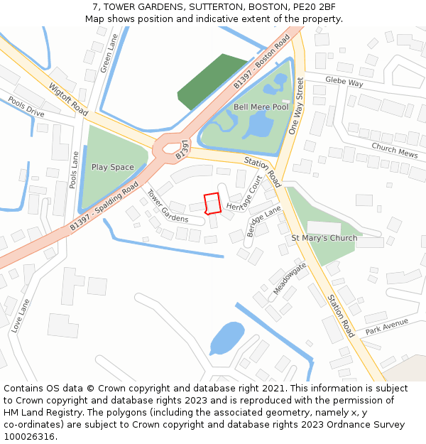 7, TOWER GARDENS, SUTTERTON, BOSTON, PE20 2BF: Location map and indicative extent of plot