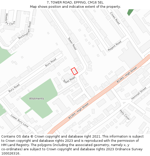 7, TOWER ROAD, EPPING, CM16 5EL: Location map and indicative extent of plot