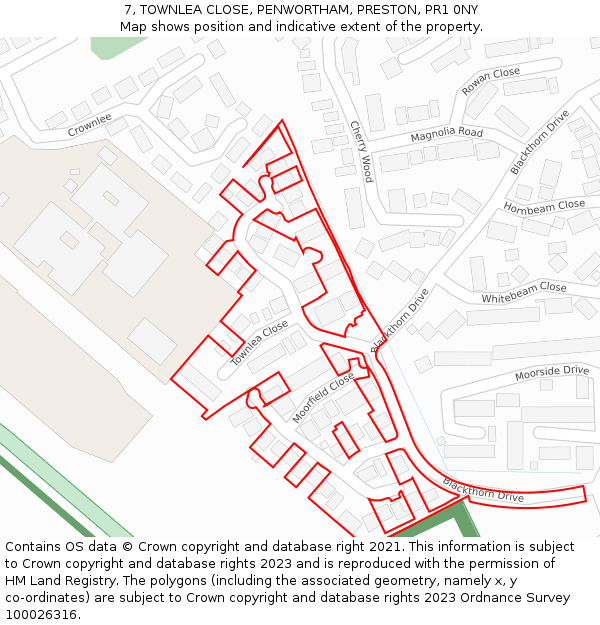 7, TOWNLEA CLOSE, PENWORTHAM, PRESTON, PR1 0NY: Location map and indicative extent of plot