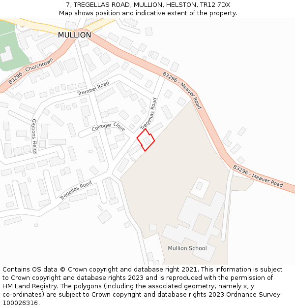 7, TREGELLAS ROAD, MULLION, HELSTON, TR12 7DX: Location map and indicative extent of plot
