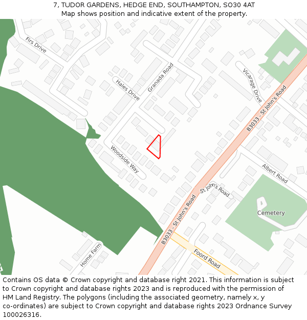 7, TUDOR GARDENS, HEDGE END, SOUTHAMPTON, SO30 4AT: Location map and indicative extent of plot