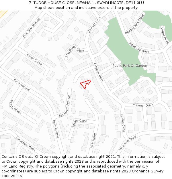 7, TUDOR HOUSE CLOSE, NEWHALL, SWADLINCOTE, DE11 0LU: Location map and indicative extent of plot