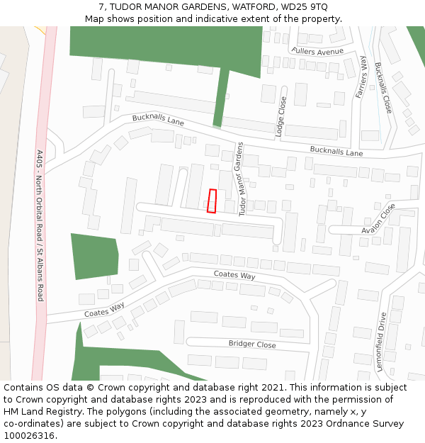 7, TUDOR MANOR GARDENS, WATFORD, WD25 9TQ: Location map and indicative extent of plot