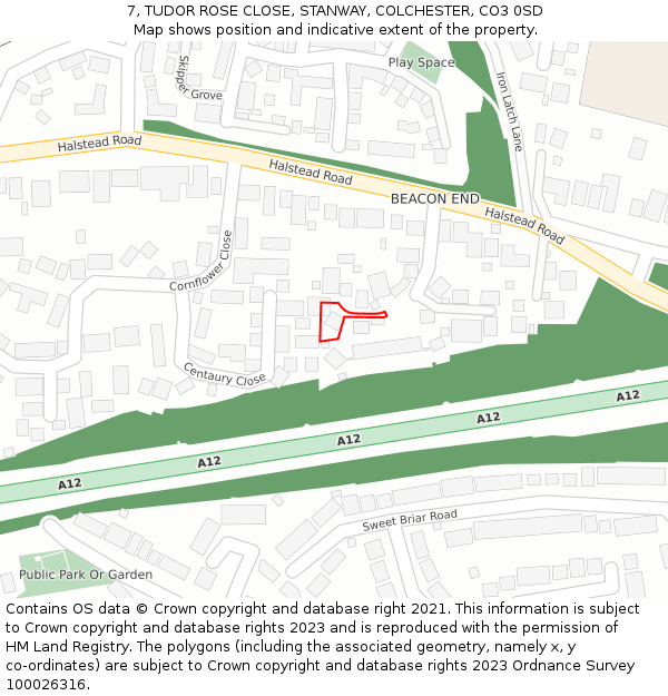 7, TUDOR ROSE CLOSE, STANWAY, COLCHESTER, CO3 0SD: Location map and indicative extent of plot