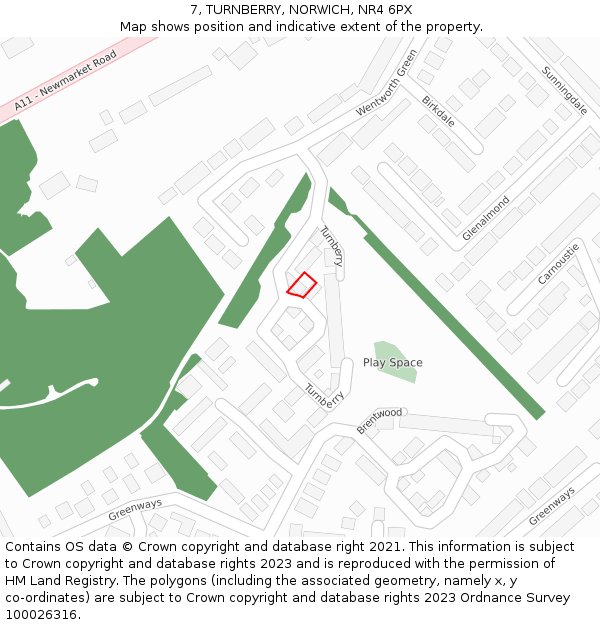 7, TURNBERRY, NORWICH, NR4 6PX: Location map and indicative extent of plot