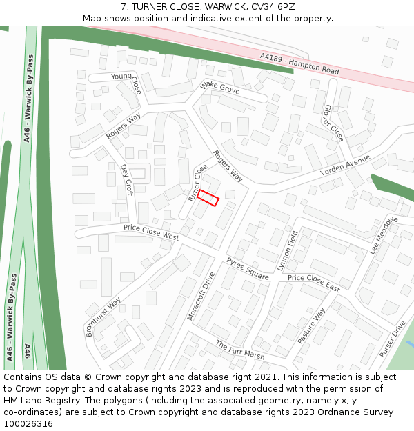 7, TURNER CLOSE, WARWICK, CV34 6PZ: Location map and indicative extent of plot