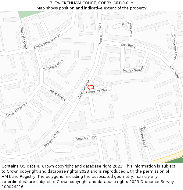 7, TWICKENHAM COURT, CORBY, NN18 0LA: Location map and indicative extent of plot