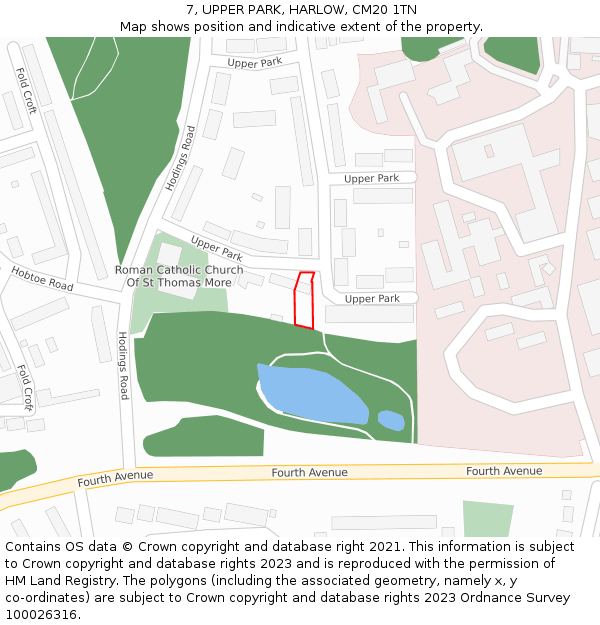 7, UPPER PARK, HARLOW, CM20 1TN: Location map and indicative extent of plot