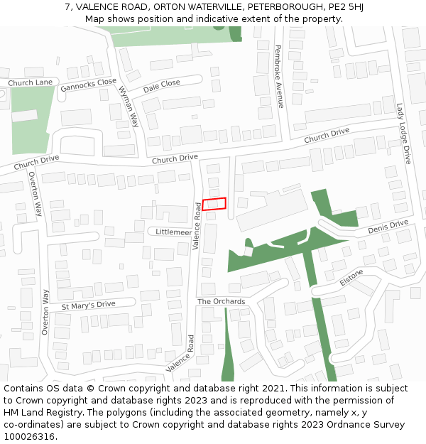 7, VALENCE ROAD, ORTON WATERVILLE, PETERBOROUGH, PE2 5HJ: Location map and indicative extent of plot