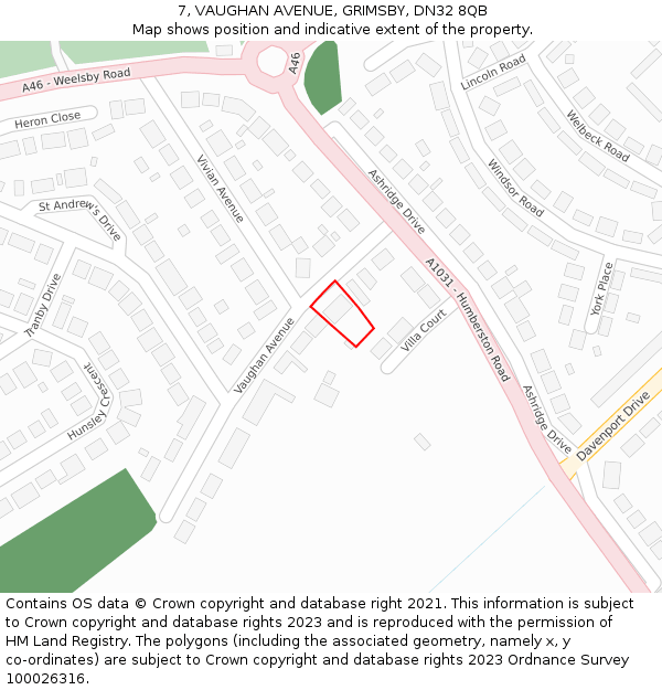 7, VAUGHAN AVENUE, GRIMSBY, DN32 8QB: Location map and indicative extent of plot