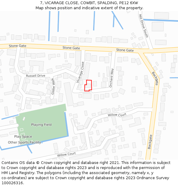 7, VICARAGE CLOSE, COWBIT, SPALDING, PE12 6XW: Location map and indicative extent of plot
