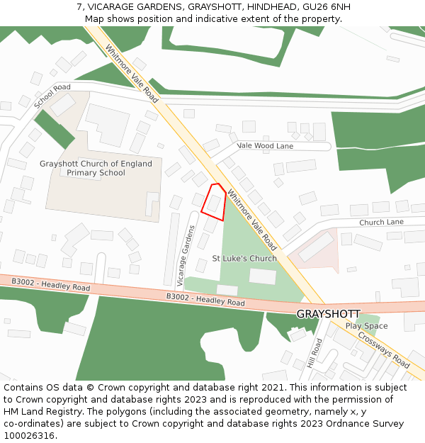 7, VICARAGE GARDENS, GRAYSHOTT, HINDHEAD, GU26 6NH: Location map and indicative extent of plot