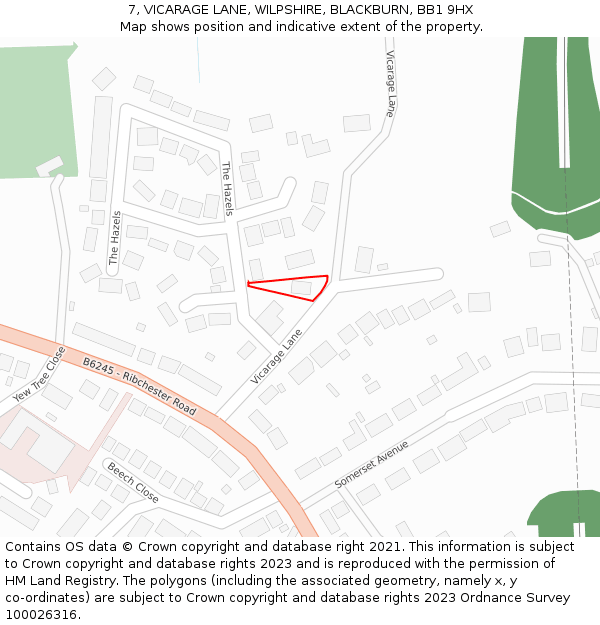 7, VICARAGE LANE, WILPSHIRE, BLACKBURN, BB1 9HX: Location map and indicative extent of plot