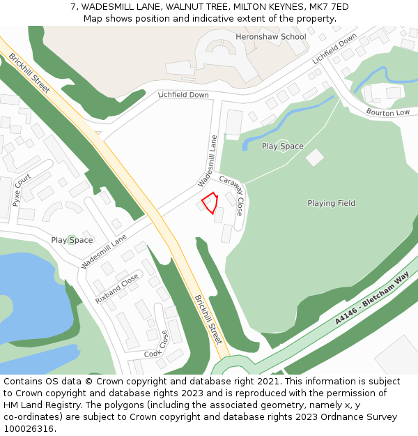 7, WADESMILL LANE, WALNUT TREE, MILTON KEYNES, MK7 7ED: Location map and indicative extent of plot