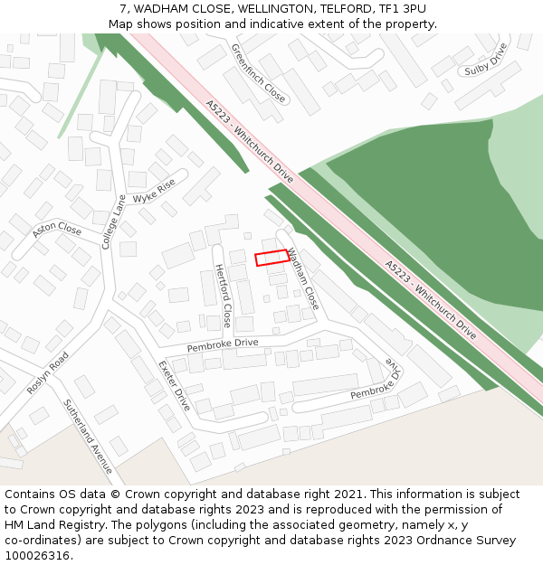 7, WADHAM CLOSE, WELLINGTON, TELFORD, TF1 3PU: Location map and indicative extent of plot