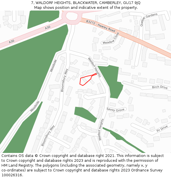 7, WALDORF HEIGHTS, BLACKWATER, CAMBERLEY, GU17 9JQ: Location map and indicative extent of plot