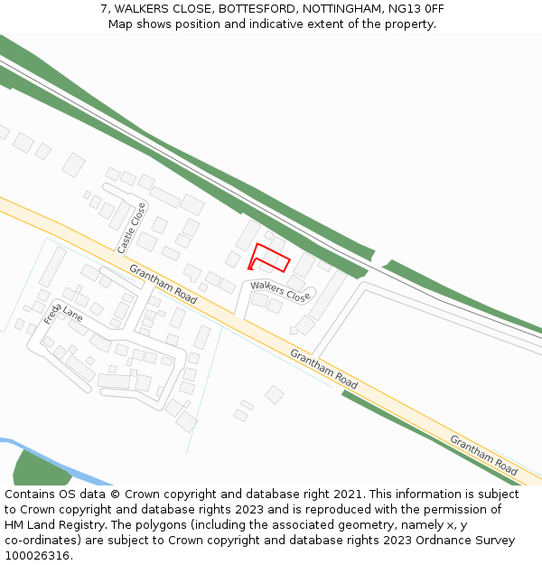 7, WALKERS CLOSE, BOTTESFORD, NOTTINGHAM, NG13 0FF: Location map and indicative extent of plot
