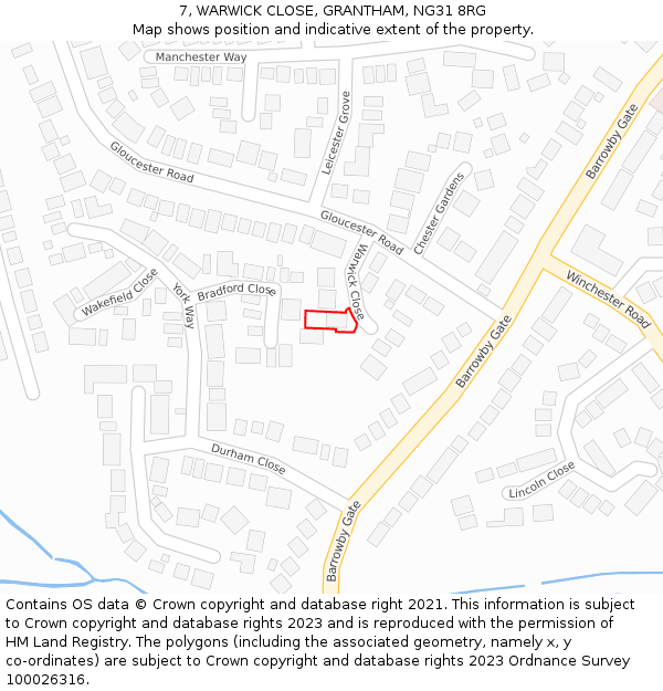 7, WARWICK CLOSE, GRANTHAM, NG31 8RG: Location map and indicative extent of plot