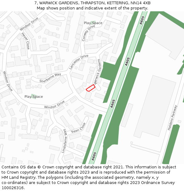 7, WARWICK GARDENS, THRAPSTON, KETTERING, NN14 4XB: Location map and indicative extent of plot