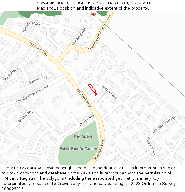 7, WATKIN ROAD, HEDGE END, SOUTHAMPTON, SO30 2TB: Location map and indicative extent of plot