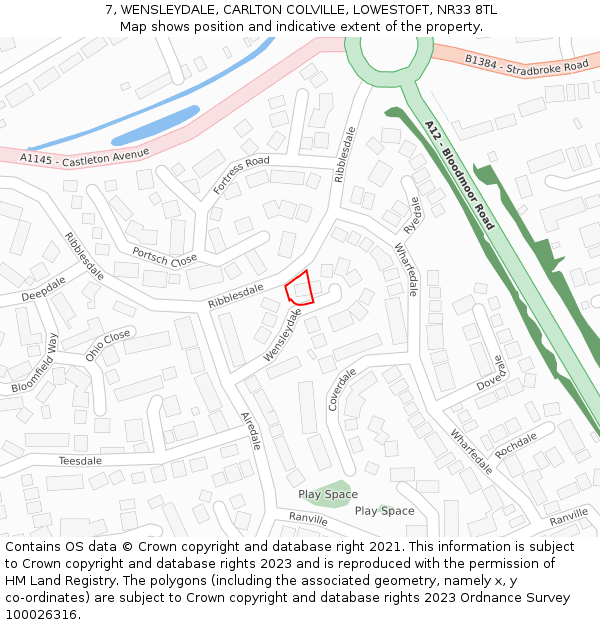 7, WENSLEYDALE, CARLTON COLVILLE, LOWESTOFT, NR33 8TL: Location map and indicative extent of plot