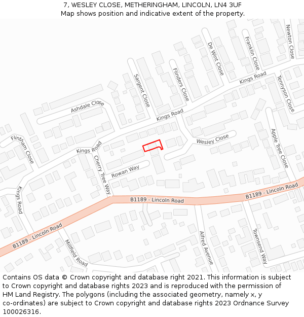 7, WESLEY CLOSE, METHERINGHAM, LINCOLN, LN4 3UF: Location map and indicative extent of plot
