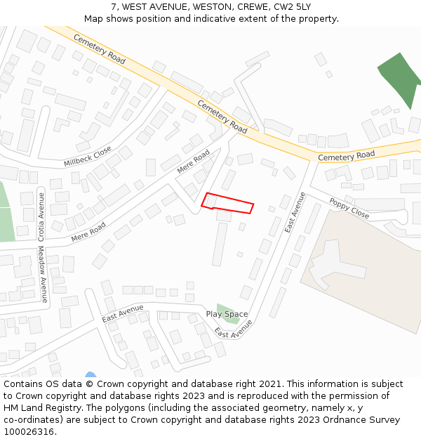 7, WEST AVENUE, WESTON, CREWE, CW2 5LY: Location map and indicative extent of plot