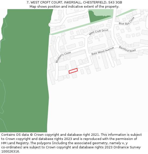 7, WEST CROFT COURT, INKERSALL, CHESTERFIELD, S43 3GB: Location map and indicative extent of plot
